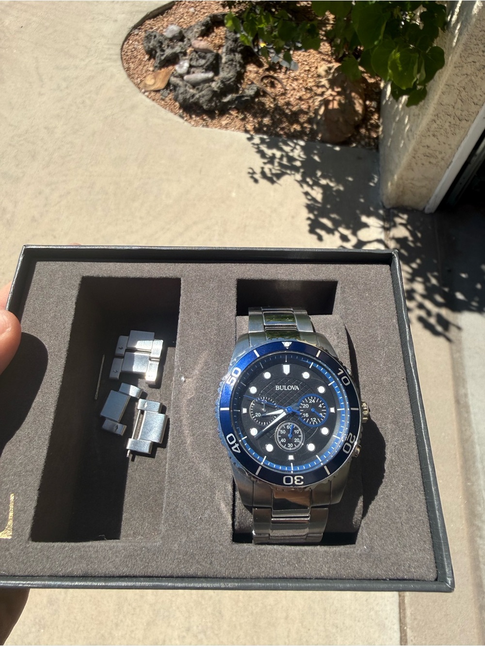 Bulova Silver Stainless Steel Watch with Blue Dial and Bezel